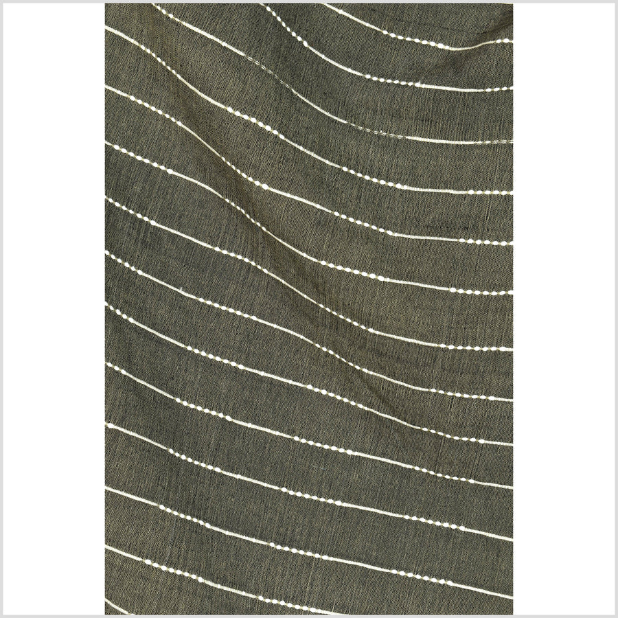Olive green & black two-tone color, handwoven cotton fabric with woven off-white striping, light/medium-weight, fabric by the yard PHA343