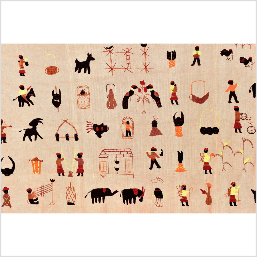 Orange cream 2-tone color, cotton story quilt Naga tribal textile ethnic embroidered boho fabric Burma hill tribe tapestry Thailand India Hmong OB119
