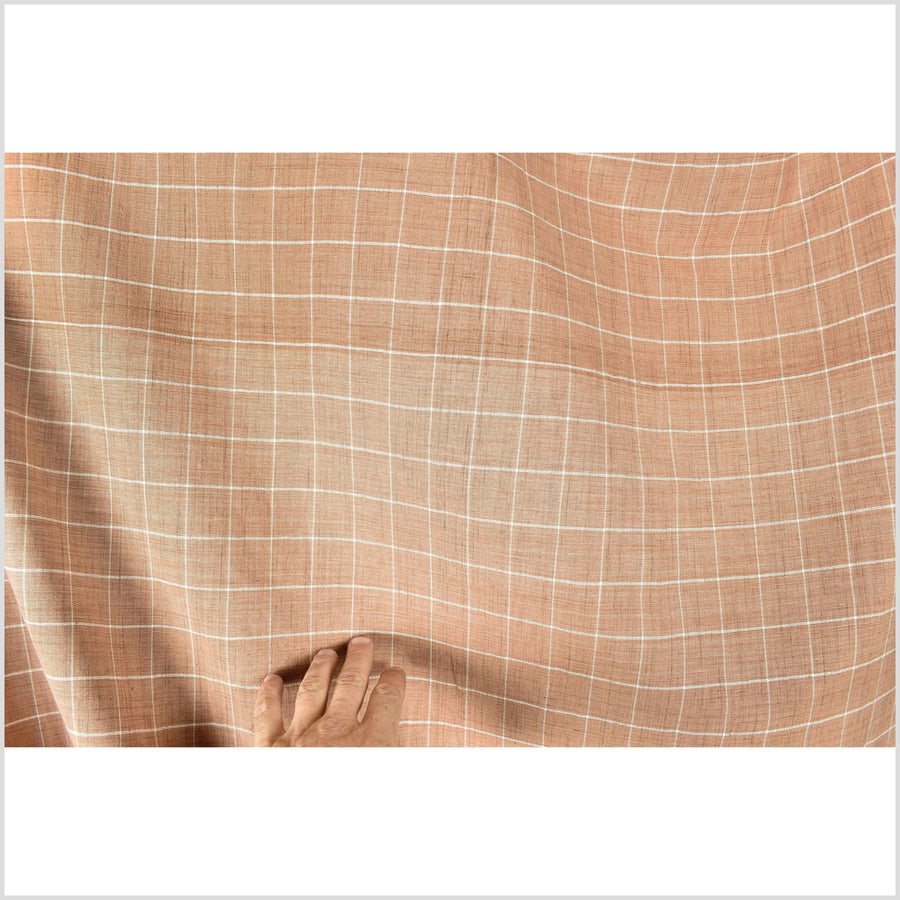 Pale terracotta salmon color fabric, woven grid square pattern in white, handwoven, medium weight organic dye, Thailand craft supply, sold by the yard PHA351