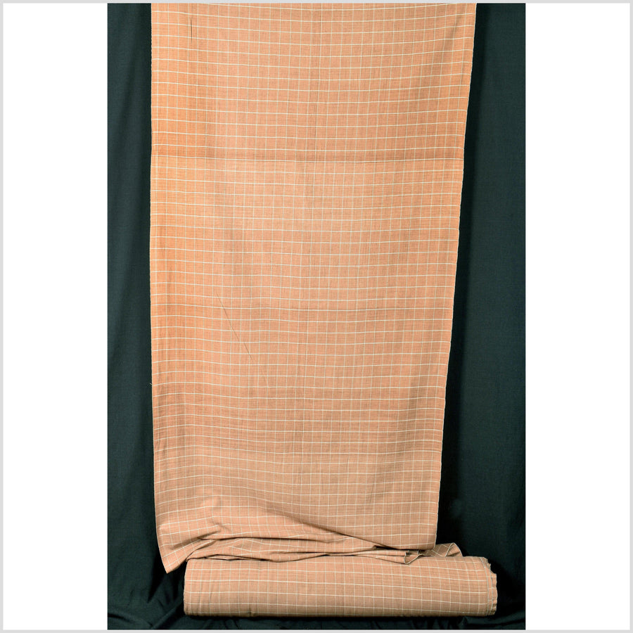 Pale terracotta salmon color fabric, woven grid square pattern in white, handwoven, medium weight organic dye, Thailand craft supply, sold by the yard PHA351
