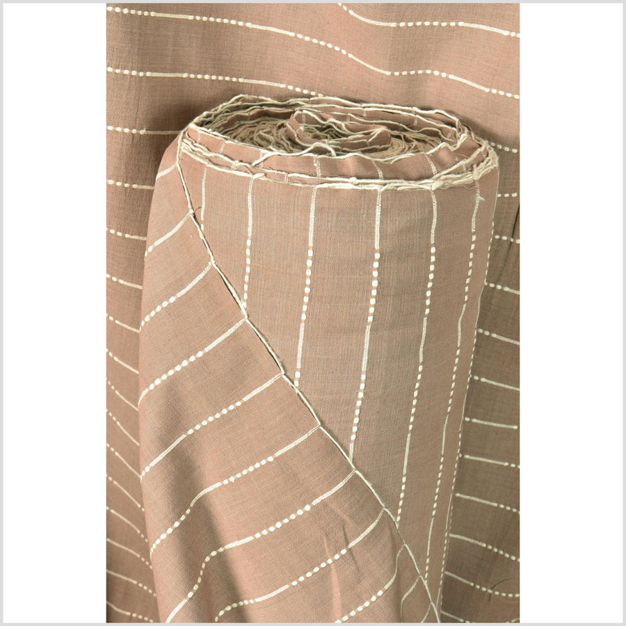 Soft taupe brown color fabric, handwoven cotton with woven off-white striping, light/medium-weight, fabric by the yard PHA353