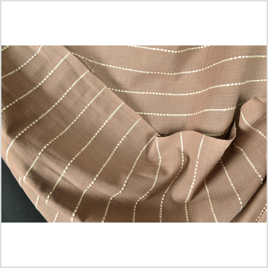 Soft taupe brown color fabric, handwoven cotton with woven off-white striping, light/medium-weight, fabric by the yard PHA353
