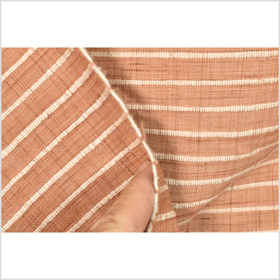 Terracotta coral color, big texture cotton fabric, organic vegetable dye color, handwoven cream stripe raised, ribbed texture, Thailand craft supply PHA344