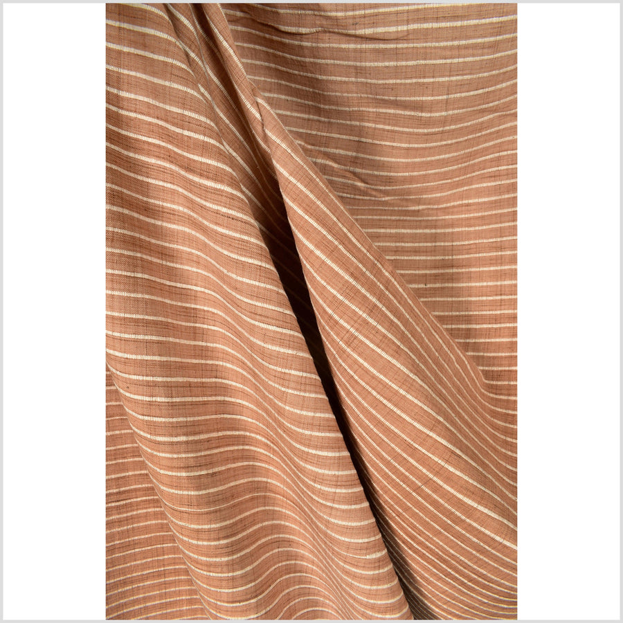 Terracotta coral color, big texture cotton fabric, organic vegetable dye color, handwoven cream stripe raised, ribbed texture, Thailand craft supply PHA344