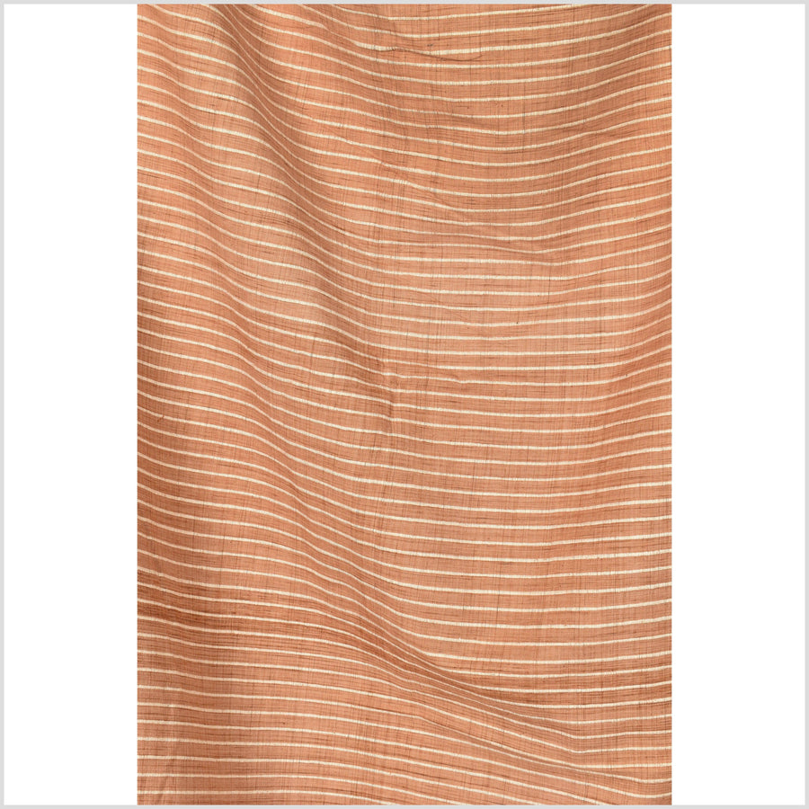 Terracotta coral color, big texture cotton fabric, organic vegetable dye color, handwoven cream stripe raised, ribbed texture, Thailand craft supply PHA344