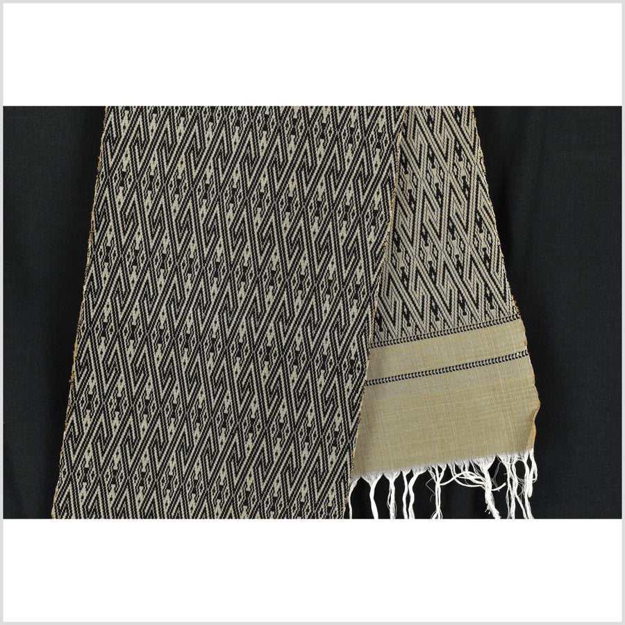 Laos Tai Lue runner ethnic Hmong fabric handwoven textile neutral black and mocha beige VV54