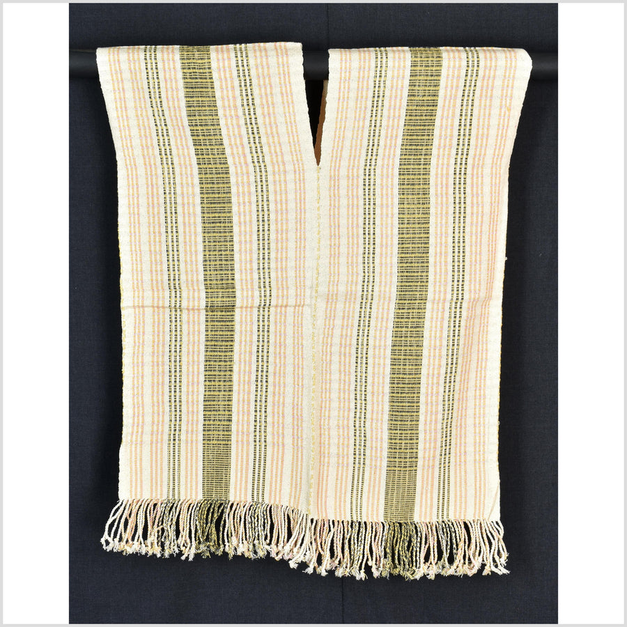 Natural organic dye cotton, handwoven neutral earth tone tribal textile, Karen Hmong fabric, Thai striped boho throw CLE103