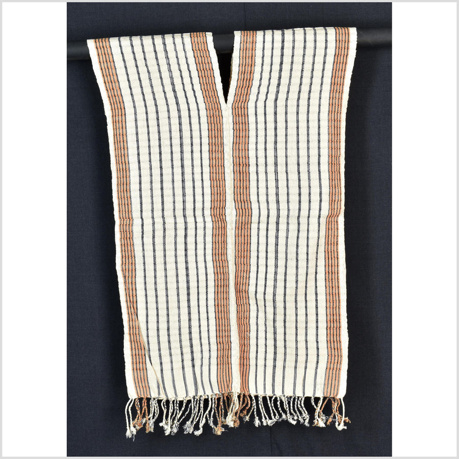 Natural organic dye cotton, handwoven neutral earth tone tribal textile, Karen Hmong fabric, Thai striped boho throw CLE108