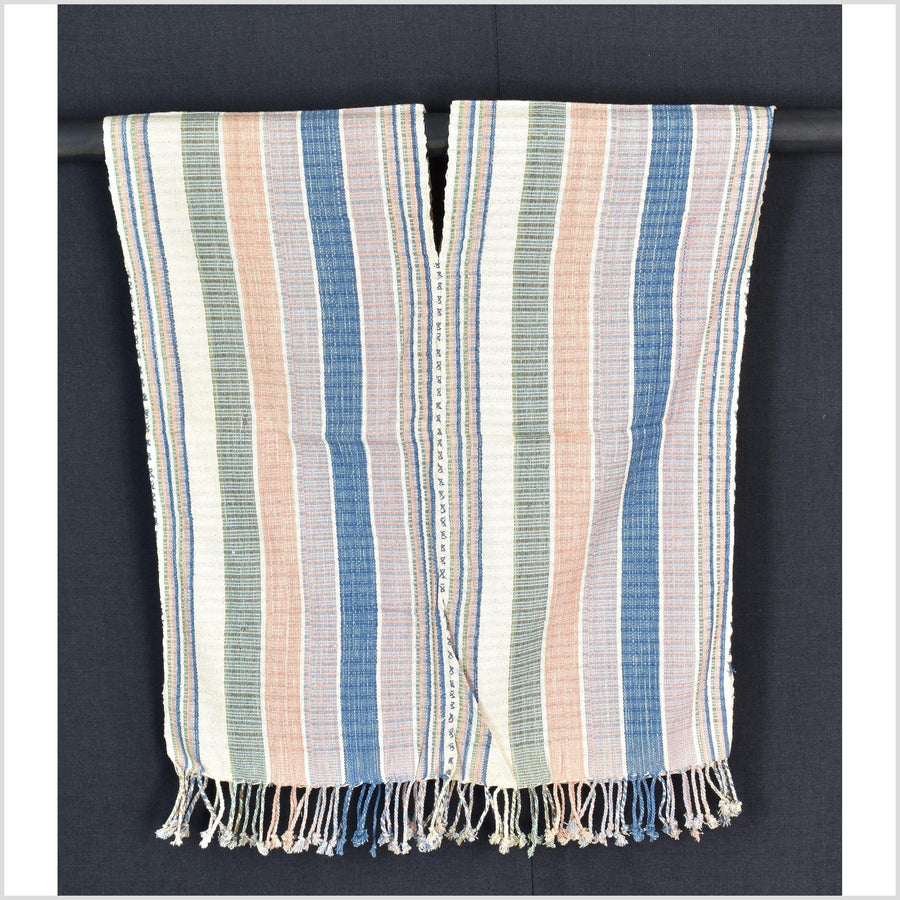Natural organic dye cotton, handwoven neutral earth tone tribal textile, Karen Hmong fabric, Thai striped boho throw CLE119