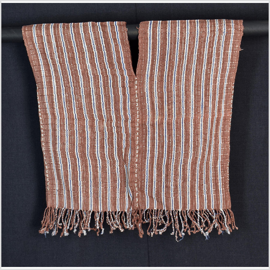 Natural organic dye cotton, handwoven neutral earth tone tribal textile, Karen Hmong fabric, Thai striped boho throw CLE139
