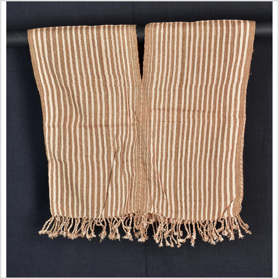 Natural organic dye cotton, handwoven neutral earth tone tribal textile, Karen Hmong fabric, Thai striped boho throw CLE141