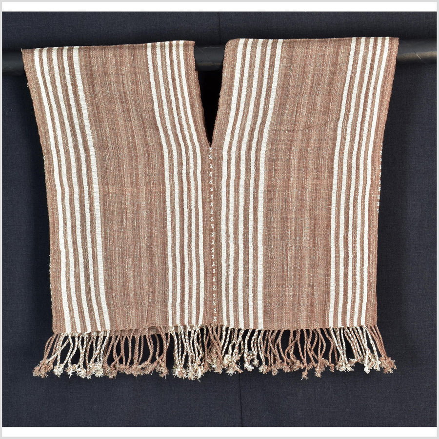Natural organic dye cotton, handwoven neutral earth tone tribal textile, Karen Hmong fabric, Thai striped boho throw CLE148