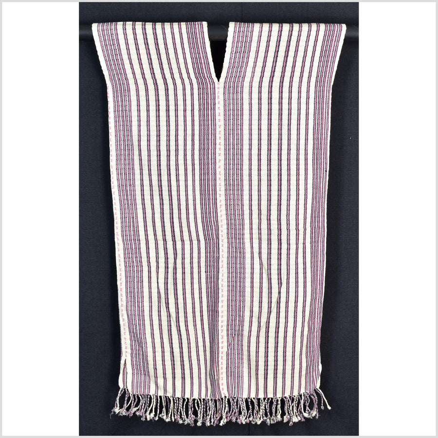 Natural organic dye cotton, handwoven neutral earth tone tribal textile, Karen Hmong fabric, Thai striped boho throw CLE177