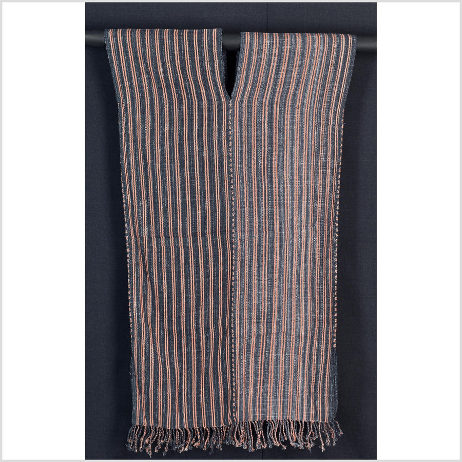 Natural organic dye cotton, handwoven neutral earth tone tribal textile, Karen Hmong fabric, Thai striped boho throw CLE180