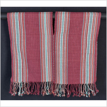 Natural organic dye cotton, handwoven neutral earth tone tribal textile, Karen Hmong fabric, Thai striped boho throw CLE182