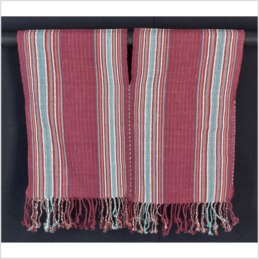 Natural organic dye cotton, handwoven neutral earth tone tribal textile, Karen Hmong fabric, Thai striped boho throw CLE182
