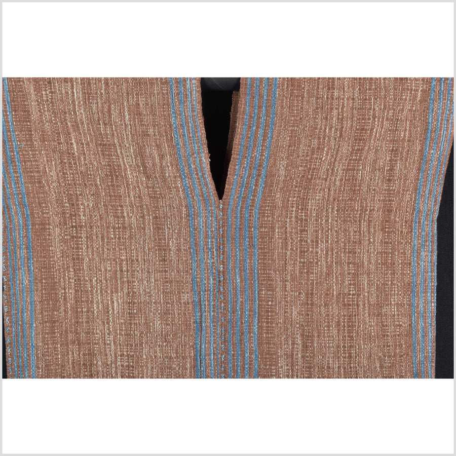 Natural organic dye cotton, handwoven neutral earth tone tribal textile, Karen Hmong fabric, Thai striped boho throw CLE185