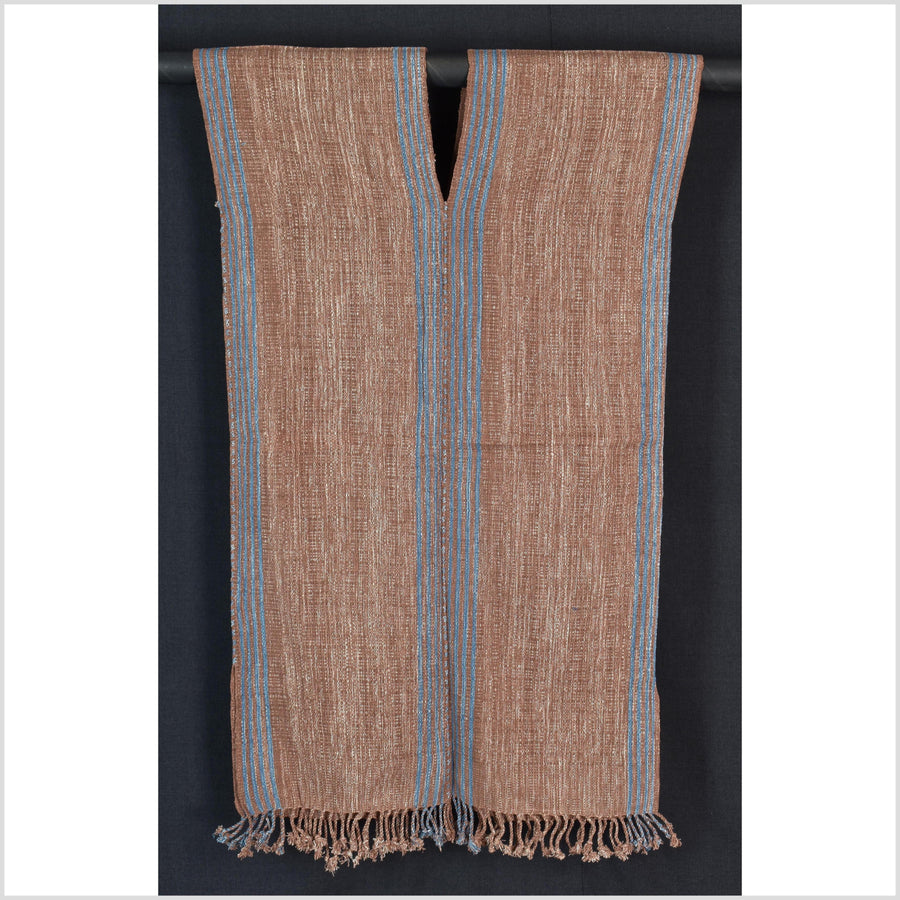 Natural organic dye cotton, handwoven neutral earth tone tribal textile, Karen Hmong fabric, Thai striped boho throw CLE185