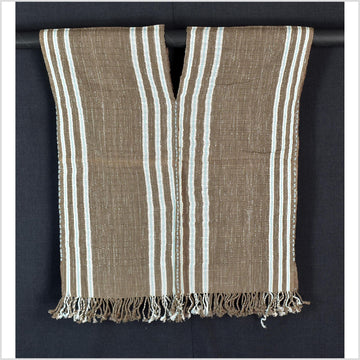 Natural organic dye cotton, handwoven neutral earth tone tribal textile, Karen Hmong fabric, Thai striped boho throw CLE213