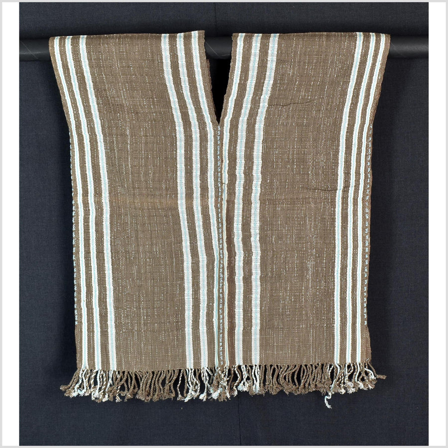 Natural organic dye cotton, handwoven neutral earth tone tribal textile, Karen Hmong fabric, Thai striped boho throw CLE213