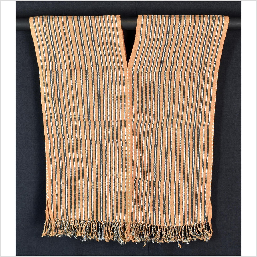Natural organic dye cotton, handwoven neutral earth tone tribal textile, Karen Hmong fabric, Thai striped boho throw CLE214