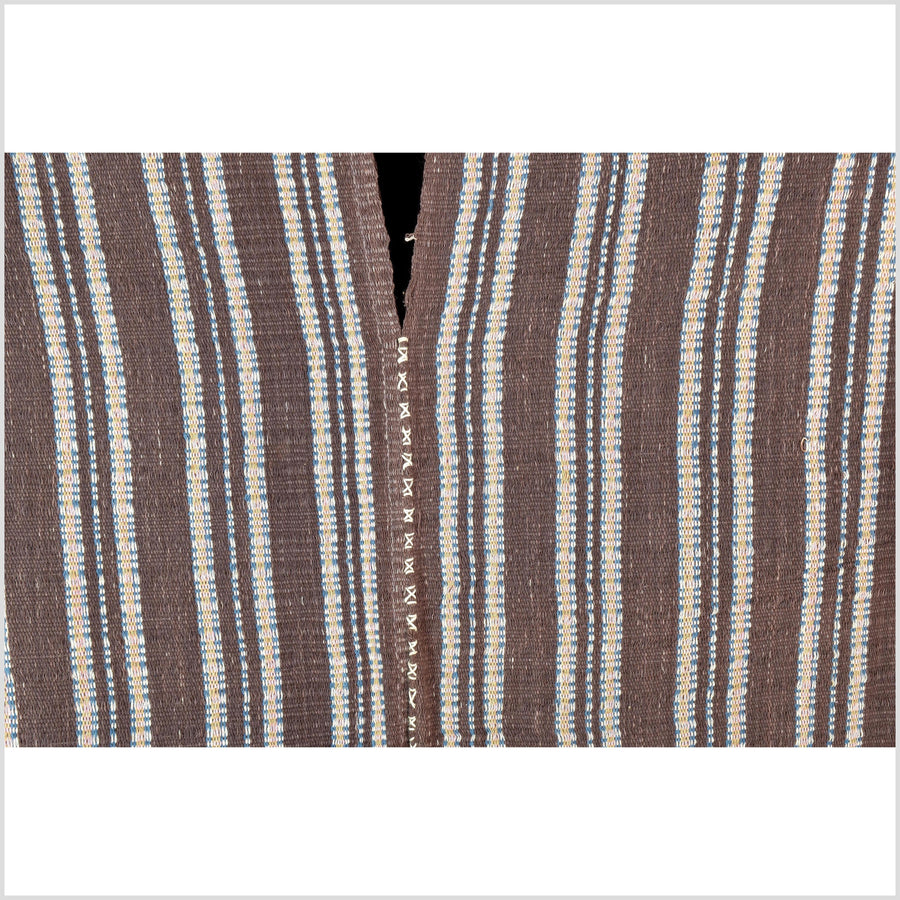Natural organic dye cotton, handwoven neutral earth tone tribal textile, Karen Hmong fabric, Thai striped boho throw CLE216