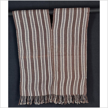 Natural organic dye cotton, handwoven neutral earth tone tribal textile, Karen Hmong fabric, Thai striped boho throw CLE216