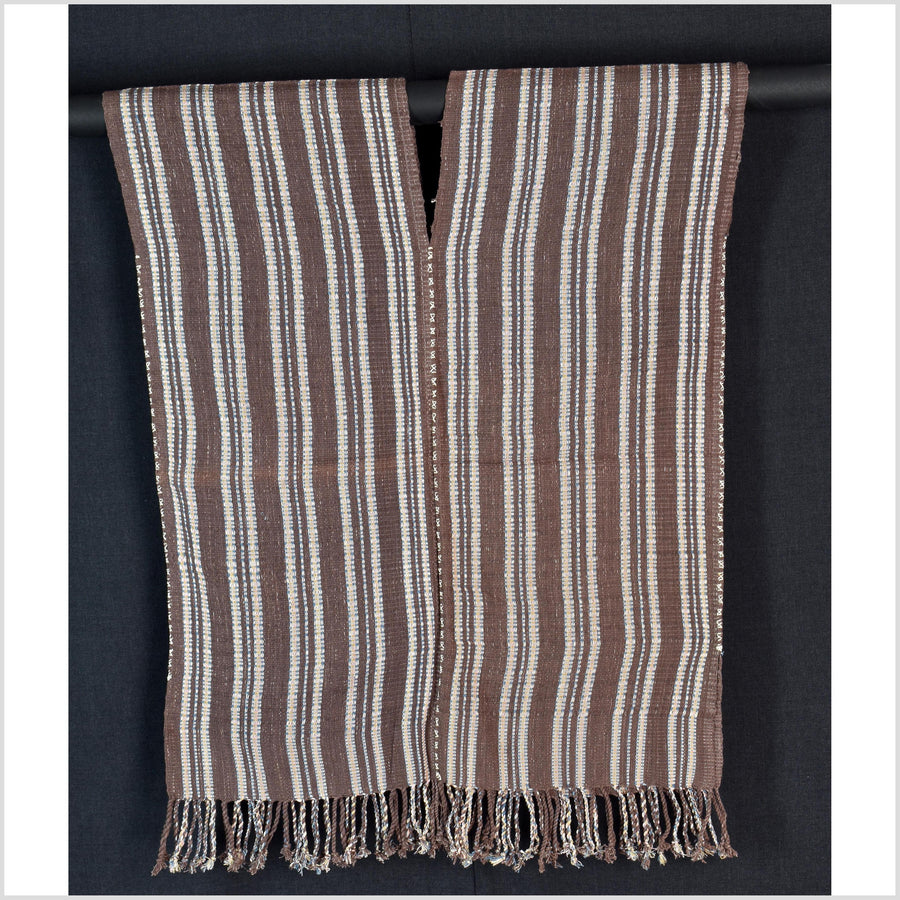 Natural organic dye cotton, handwoven neutral earth tone tribal textile, Karen Hmong fabric, Thai striped boho throw CLE216
