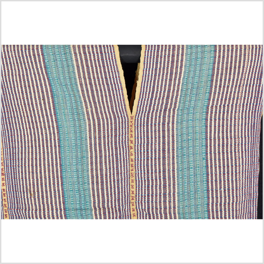 Natural organic dye cotton, handwoven neutral earth tone tribal textile, Karen Hmong fabric, Thai striped boho throw CLE21