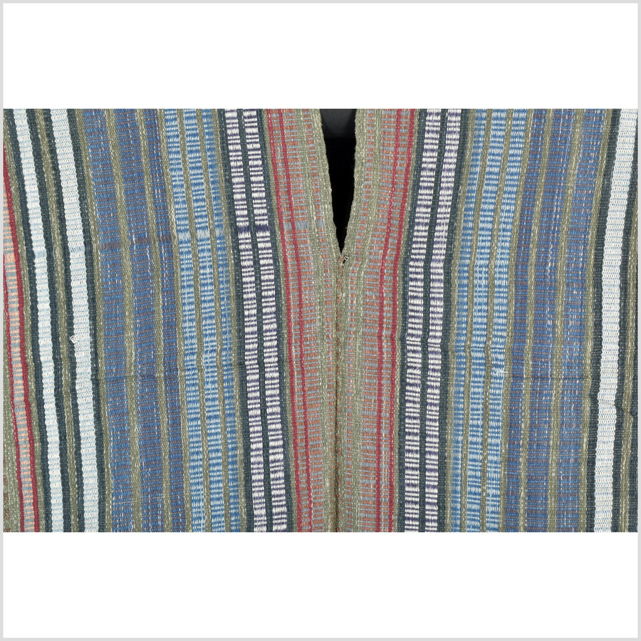 Natural organic dye cotton, handwoven neutral earth tone tribal textile, Karen Hmong fabric, Thai striped boho throw CLE23