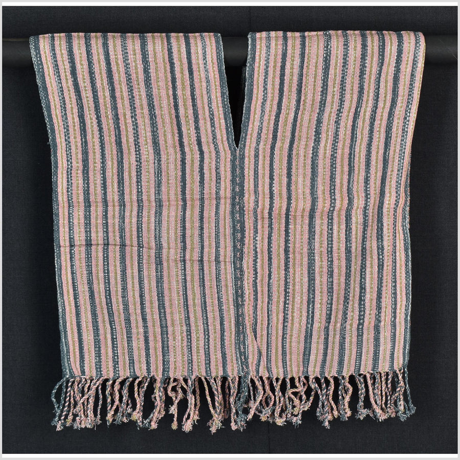 Natural organic dye cotton, handwoven neutral earth tone tribal textile, Karen Hmong fabric, Thai striped boho throw CLE32