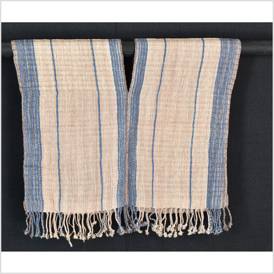 Natural organic dye cotton, handwoven neutral earth tone tribal textile, Karen Hmong fabric, Thai striped boho throw CLE36