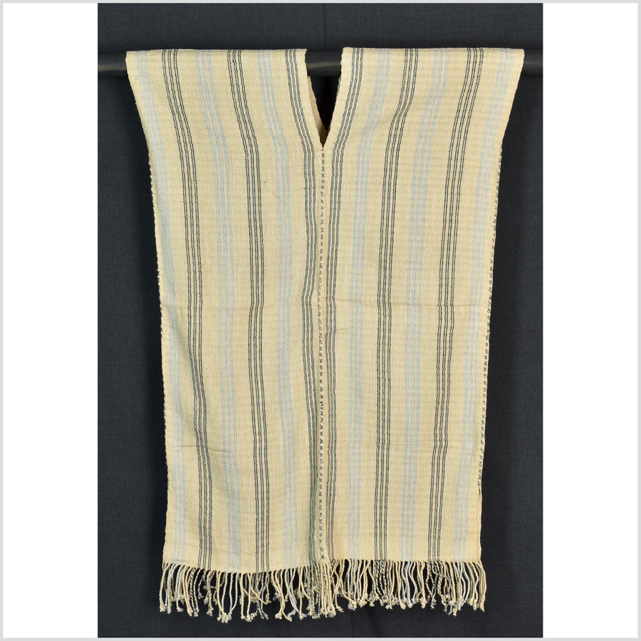 Natural organic dye cotton, handwoven neutral earth tone tribal textile, Karen Hmong fabric, Thai striped boho throw CLE44