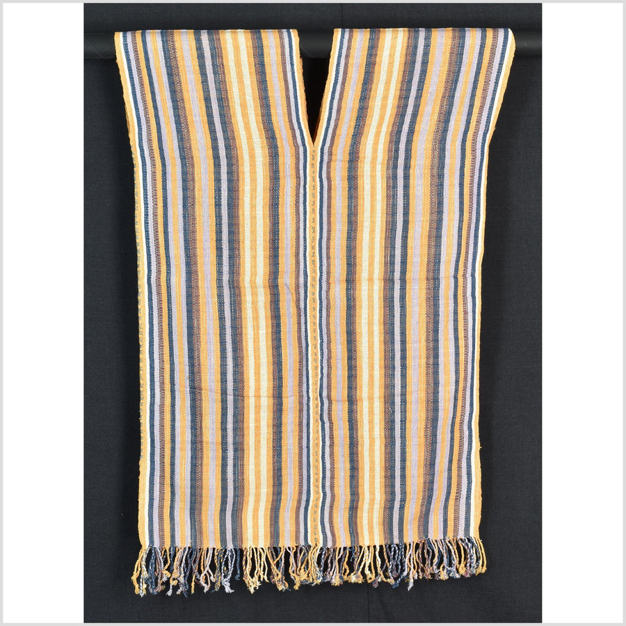 Natural organic dye cotton, handwoven neutral earth tone tribal textile, Karen Hmong fabric, Thai striped boho throw CLE58