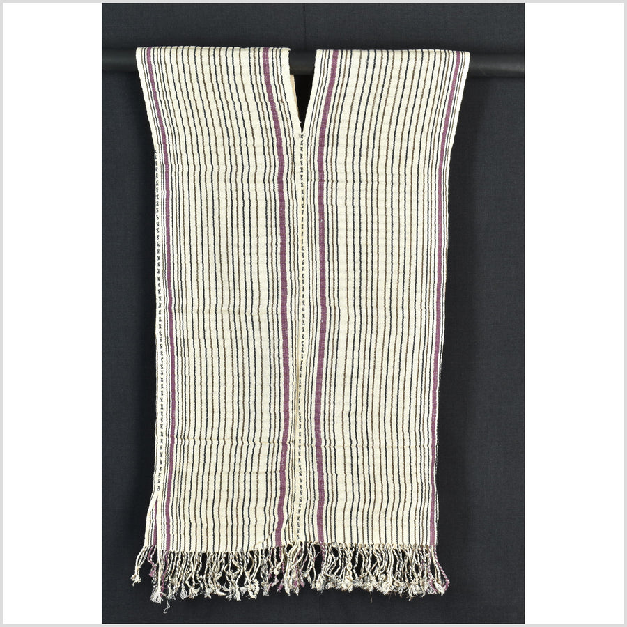 Natural organic dye cotton, handwoven neutral earth tone tribal textile, Karen Hmong fabric, Thai striped boho throw CLE61