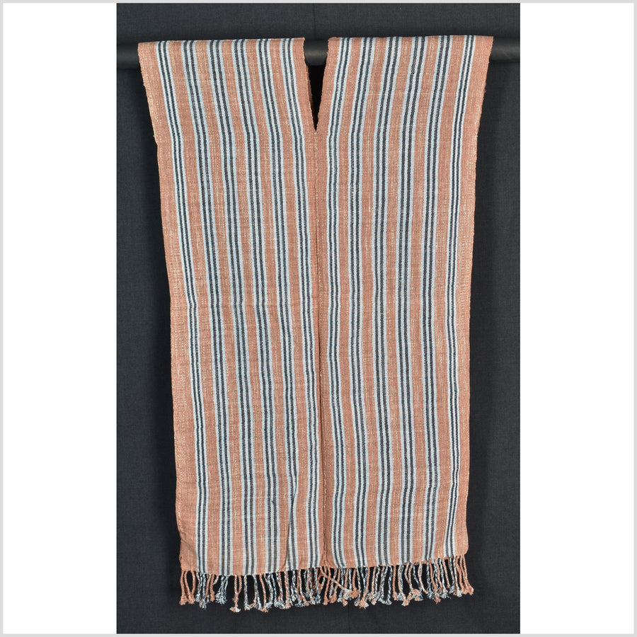 Natural organic dye cotton, handwoven neutral earth tone tribal textile, Karen Hmong fabric, Thai striped boho throw CLE67