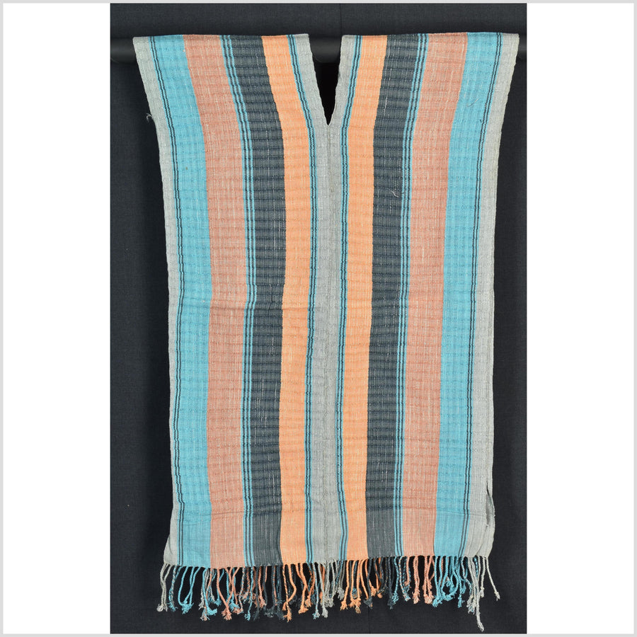 Natural organic dye cotton, handwoven neutral earth tone tribal textile, Karen Hmong fabric, Thai striped boho throw CLE69