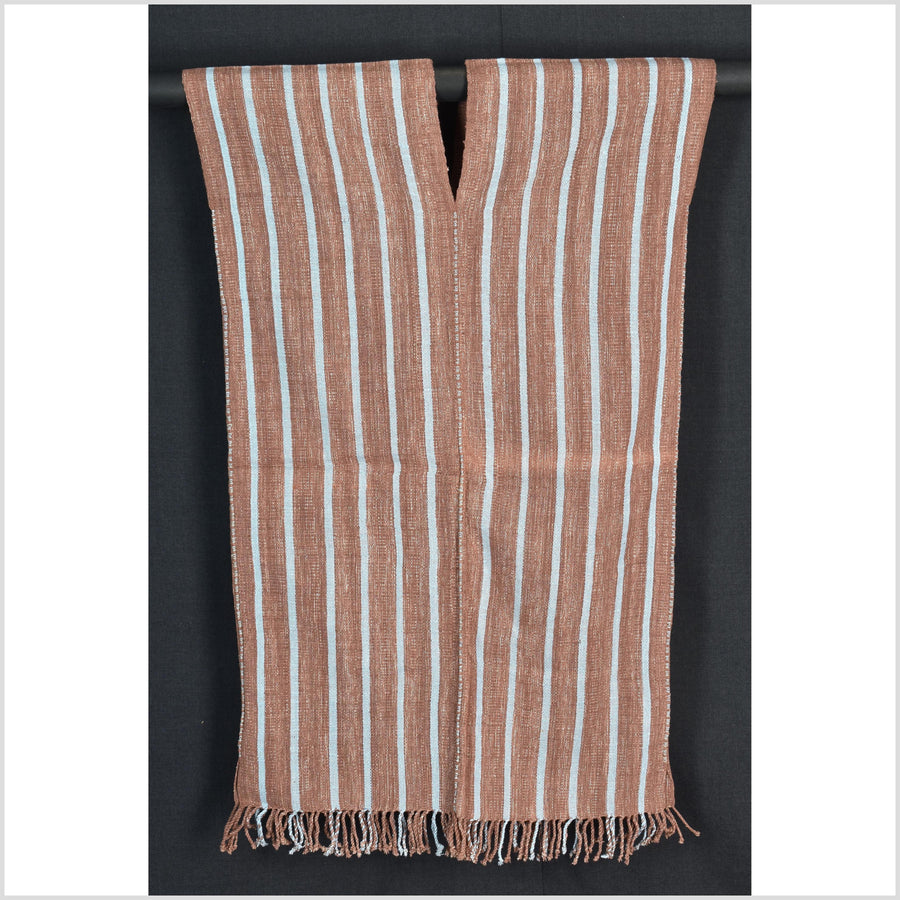 Natural organic dye cotton, handwoven neutral earth tone tribal textile, Karen Hmong fabric, Thai striped boho throw CLE73