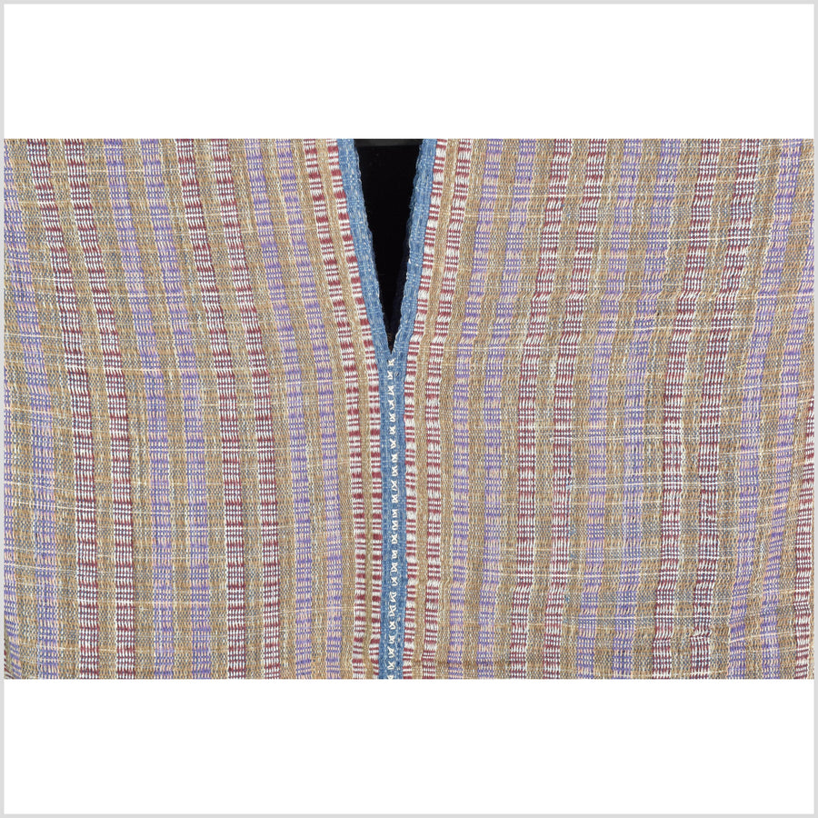 Natural organic dye cotton, handwoven neutral earth tone tribal textile, Karen Hmong fabric, Thai striped boho throw CLE7