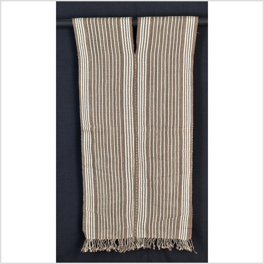 Natural organic dye cotton, handwoven neutral earth tone tribal textile, Karen Hmong fabric, Thai striped boho throw CLE84