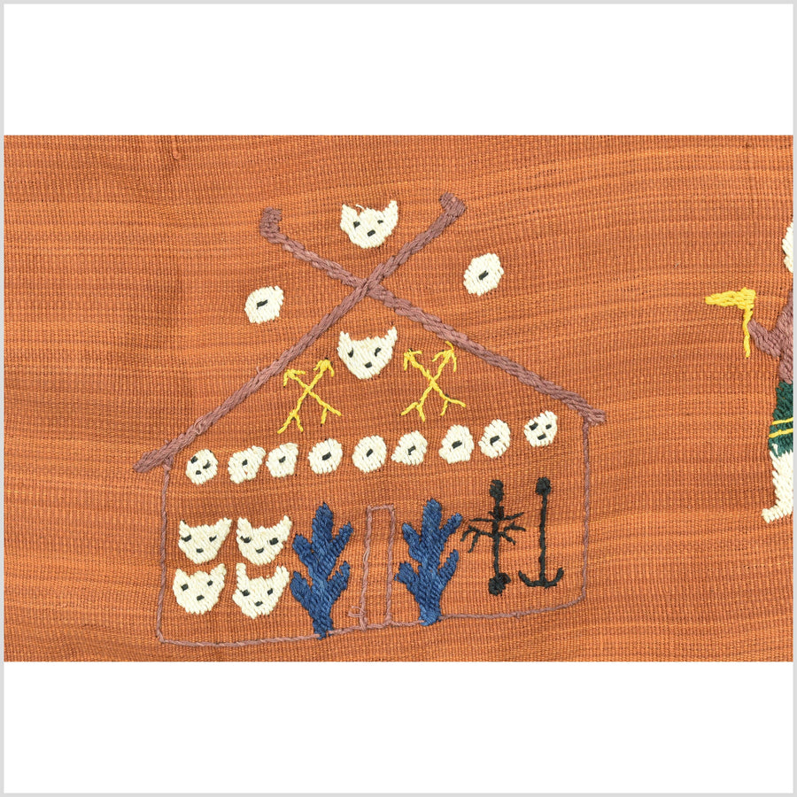Burnt orange ocher cotton story quilt Naga tribal textile ethnic embroidered boho fabric Burma hill tribe tapestry Thailand India Hmong EC13