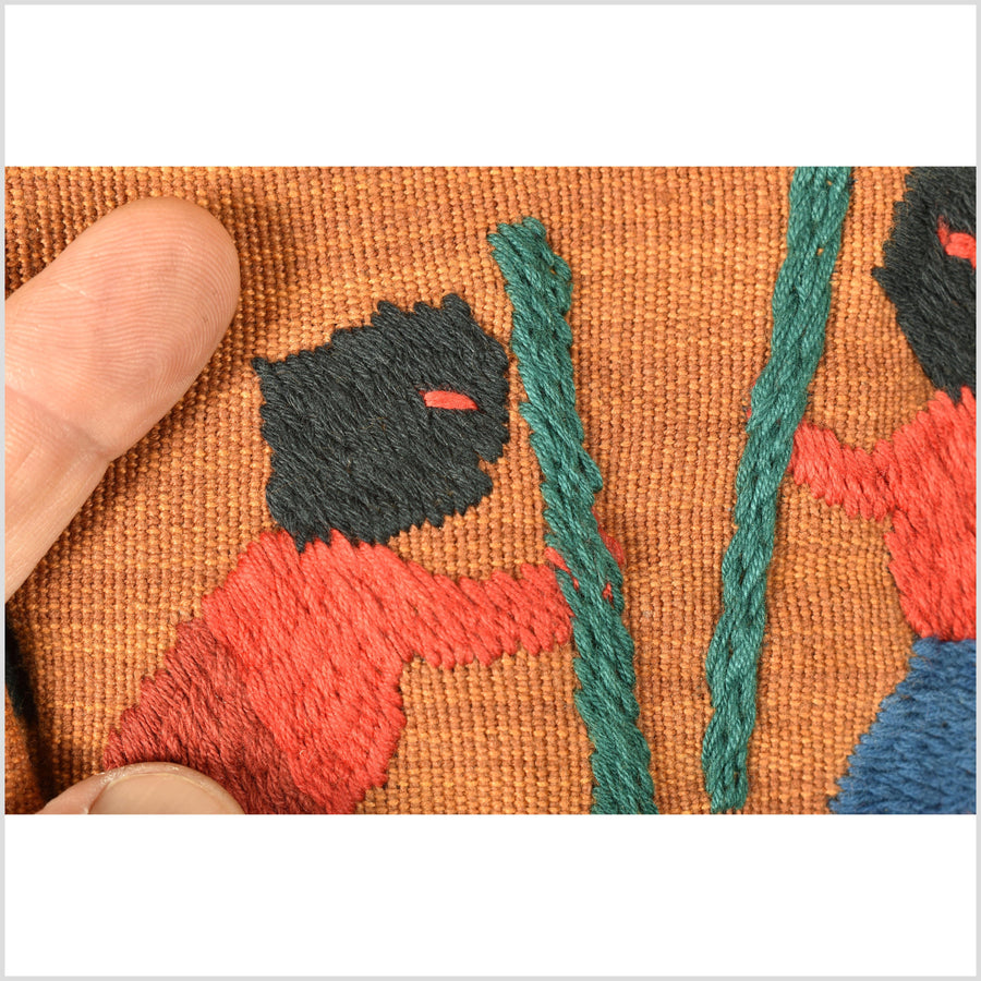 Burnt orange Naga tribal textile cotton story quilt jungle hut embroidered boho Burma hill tribe tapestry Thailand India EC143