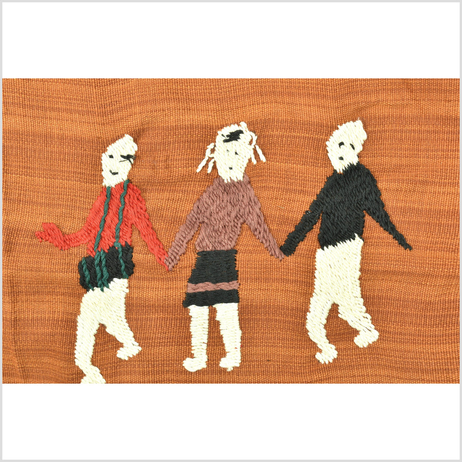 Burnt orange Naga tribal textile cotton story quilt jungle hut embroidered boho Burma hill tribe tapestry Thailand India EC143