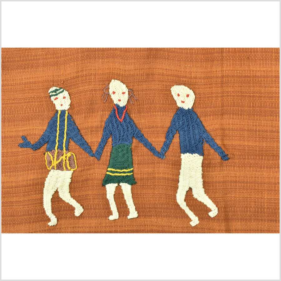 Burnt orange Naga tribal textile cotton story quilt jungle hut embroidered boho Burma hill tribe tapestry Thailand India EC144