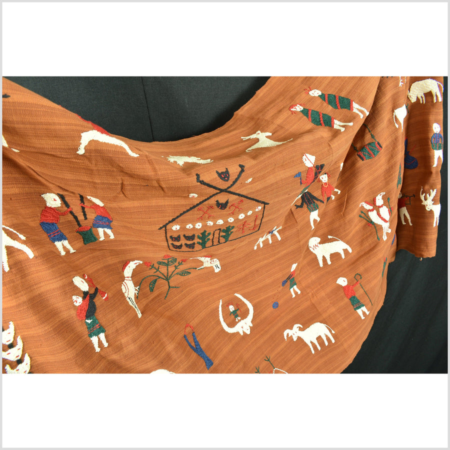 Burnt orange Naga tribal textile cotton story quilt jungle hut embroidered boho Burma hill tribe tapestry Thailand India EC145