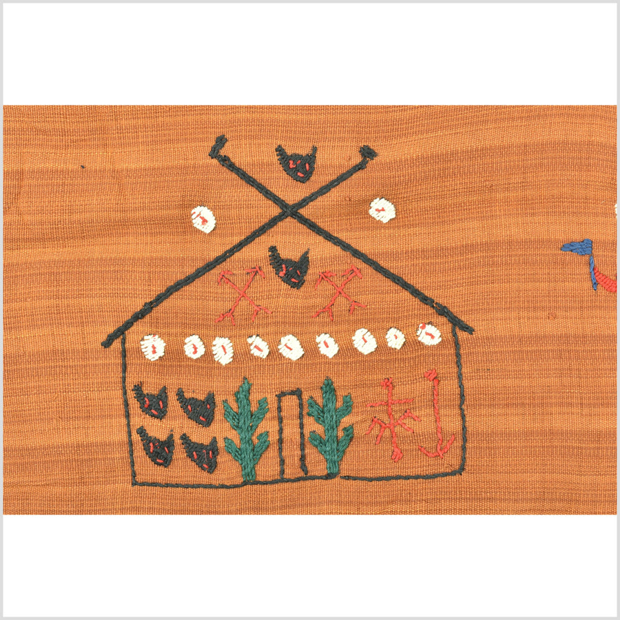 Burnt orange Naga tribal textile cotton story quilt jungle hut embroidered boho Burma hill tribe tapestry Thailand India EC145