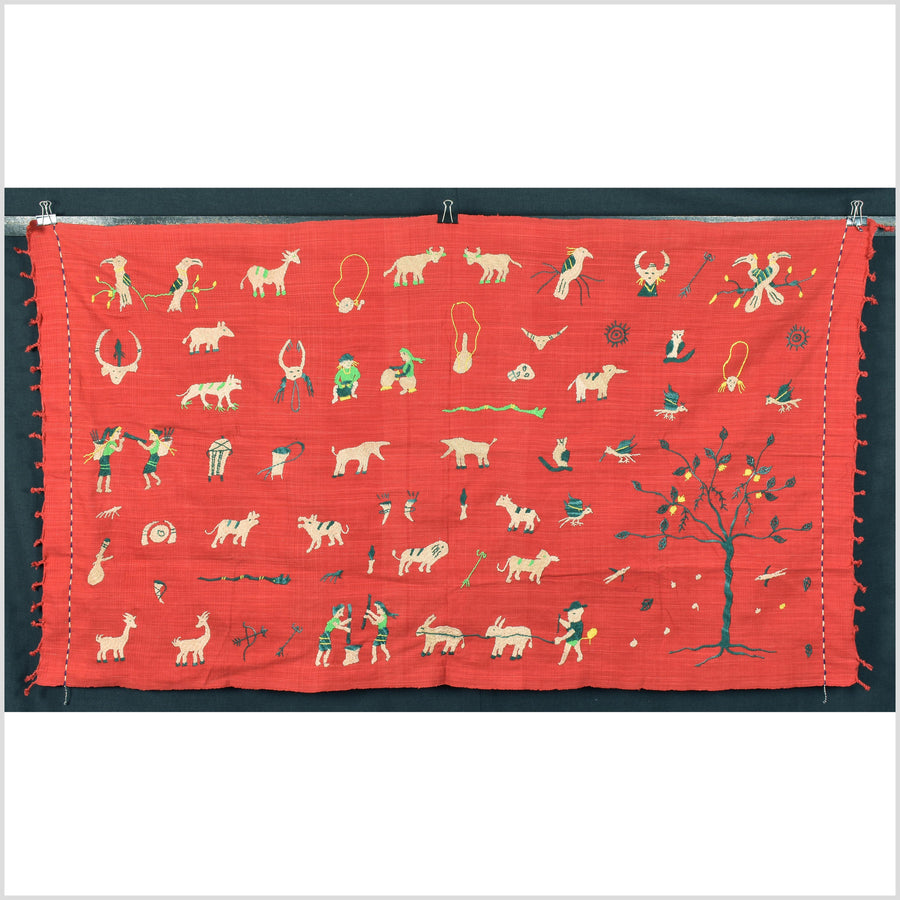 Fiery red Naga tribal textile cotton story quilt jungle hut embroidered boho Burma hill tribe tapestry Thailand India EC172