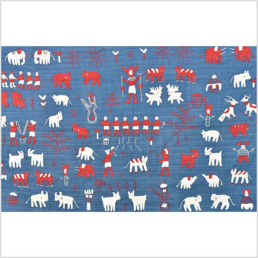 Striking sky blue, crimson & white Naga tribal textile cotton story quilt, animals, totems, boho hilltribe tapestry Thailand India EC176
