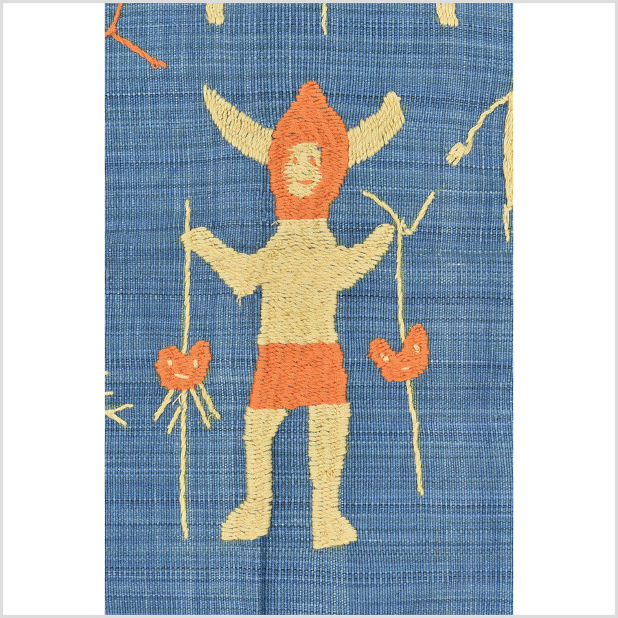 Beautiful sky blue, tangerine & sand Naga tribal textile cotton story quilt, animals, totems, boho hilltribe tapestry Thailand India EC177