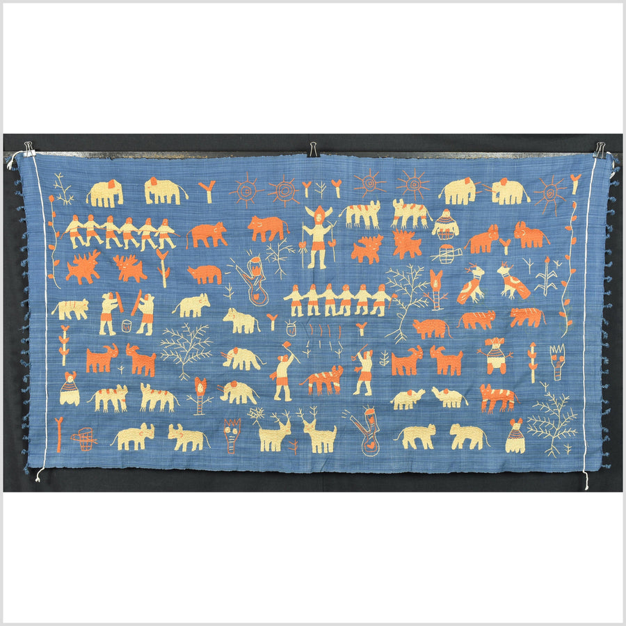 Beautiful sky blue, tangerine & sand Naga tribal textile cotton story quilt, animals, totems, boho hilltribe tapestry Thailand India EC177
